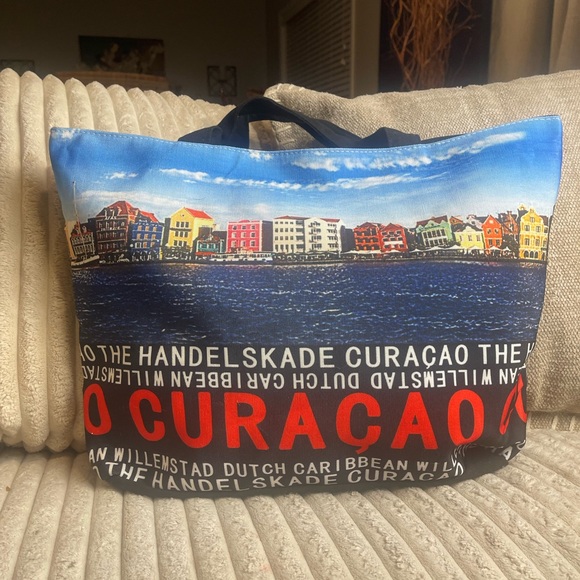 Curaçao Harbor Print Tote Bag — Blue and Brown - Picture 3 of 8